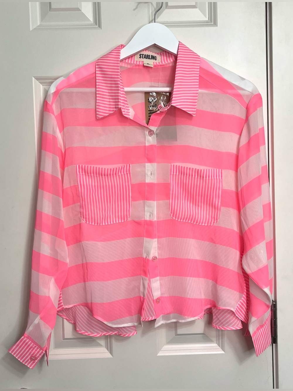 Pink Striped Button-Front Sheer Blouse